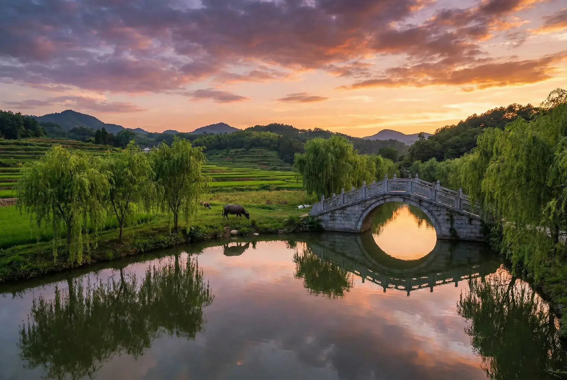夕阳下的石拱桥与垂柳，水牛在河边吃草 - 陈宝莲 武则天 乡村美景